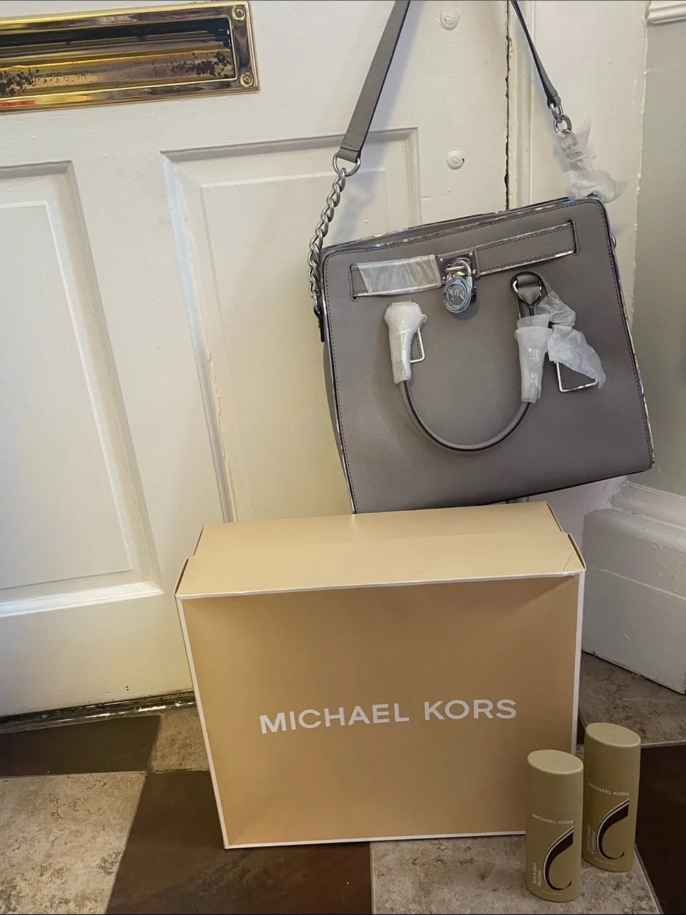 Michael Kors Gray Structured Leather Tote with Chain Strap… new!!